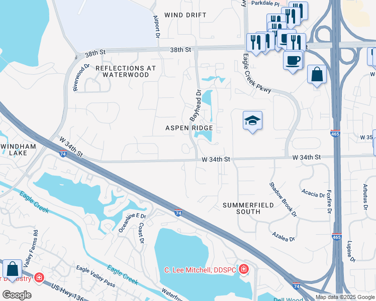 map of restaurants, bars, coffee shops, grocery stores, and more near 3418 Hickory Lane West in Indianapolis