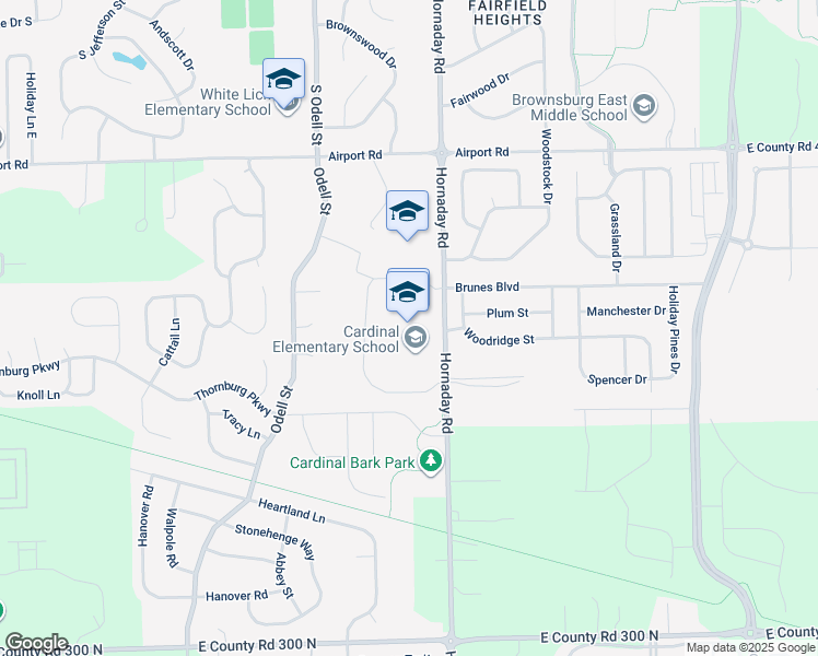 map of restaurants, bars, coffee shops, grocery stores, and more near 3590 Hornaday Road in Brownsburg