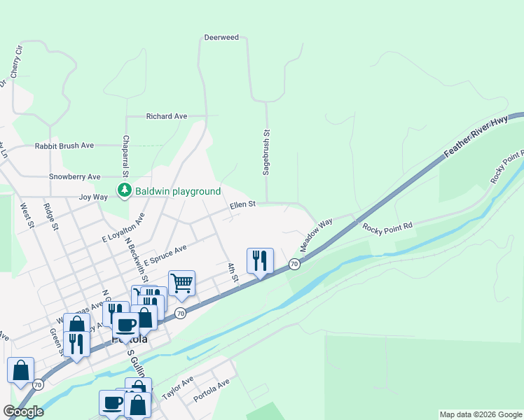 map of restaurants, bars, coffee shops, grocery stores, and more near 830 Ellen Street in Portola