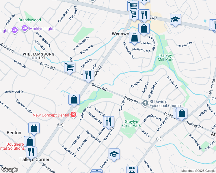 map of restaurants, bars, coffee shops, grocery stores, and more near 2429 Grubb Road in Wilmington