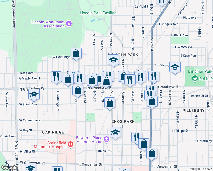 map of restaurants, bars, coffee shops, grocery stores, and more near 409 North Grand Avenue East in Springfield