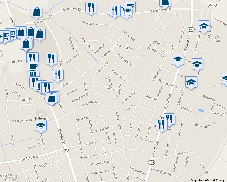 map of restaurants, bars, coffee shops, grocery stores, and more near 281 Grant Drive in Hanover