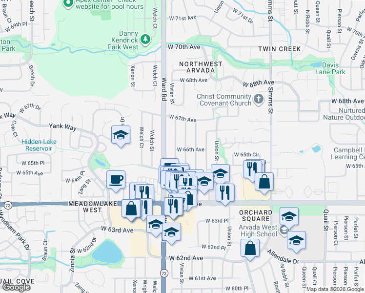 map of restaurants, bars, coffee shops, grocery stores, and more near 6558 Vivian Street in Arvada