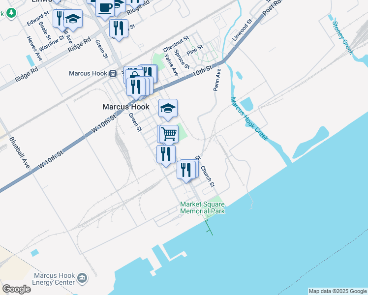 map of restaurants, bars, coffee shops, grocery stores, and more near 501 Market Street in Marcus Hook