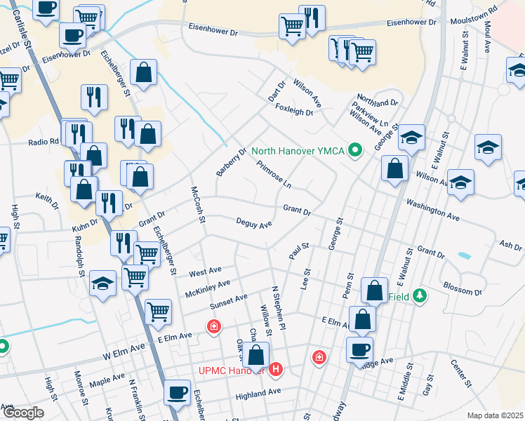 map of restaurants, bars, coffee shops, grocery stores, and more near 281 Grant Drive in Hanover