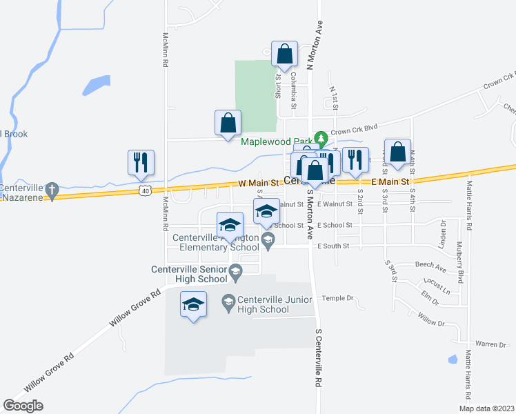 map of restaurants, bars, coffee shops, grocery stores, and more near 202 South Ash Street in Centerville