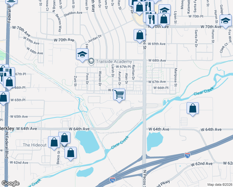 map of restaurants, bars, coffee shops, grocery stores, and more near 1996 West 66th Avenue in Denver