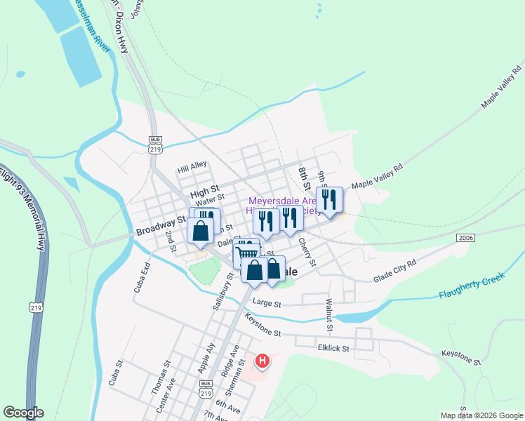 map of restaurants, bars, coffee shops, grocery stores, and more near 341 Dale Street in Meyersdale