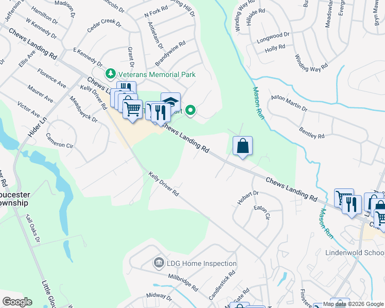 map of restaurants, bars, coffee shops, grocery stores, and more near 1098 Chews Landing Road in Laurel Springs