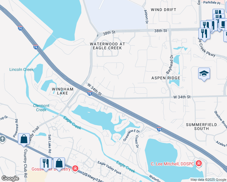 map of restaurants, bars, coffee shops, grocery stores, and more near 3493 Marabou Mills Way in Indianapolis