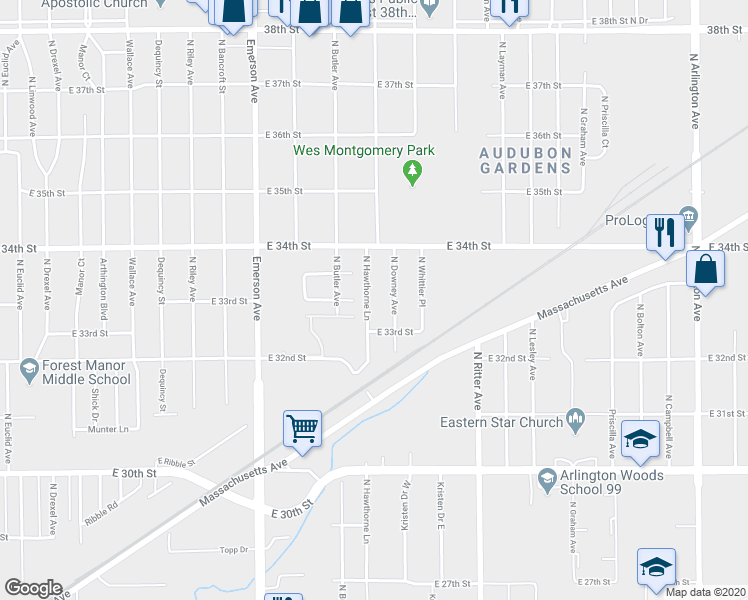 map of restaurants, bars, coffee shops, grocery stores, and more near 3321 North Hawthorne Lane in Indianapolis
