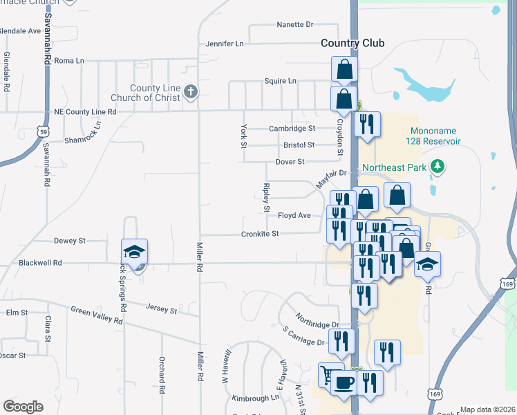 map of restaurants, bars, coffee shops, grocery stores, and more near 5510 Ripley Street in Saint Joseph