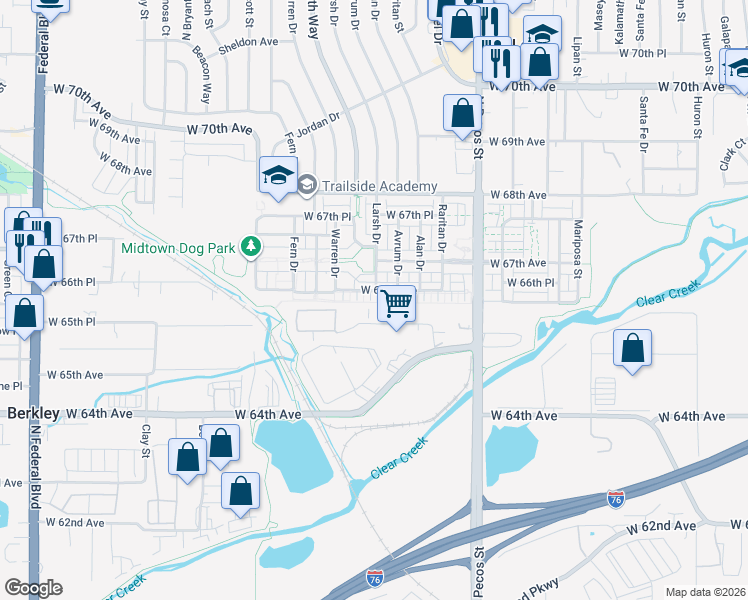 map of restaurants, bars, coffee shops, grocery stores, and more near 1996 West 66th Avenue in Denver