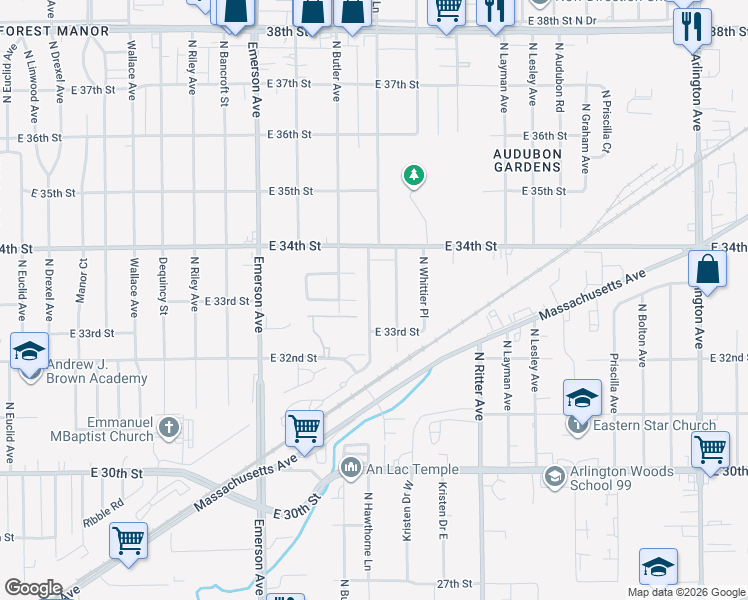 map of restaurants, bars, coffee shops, grocery stores, and more near 3309 North Hawthorne Lane in Indianapolis