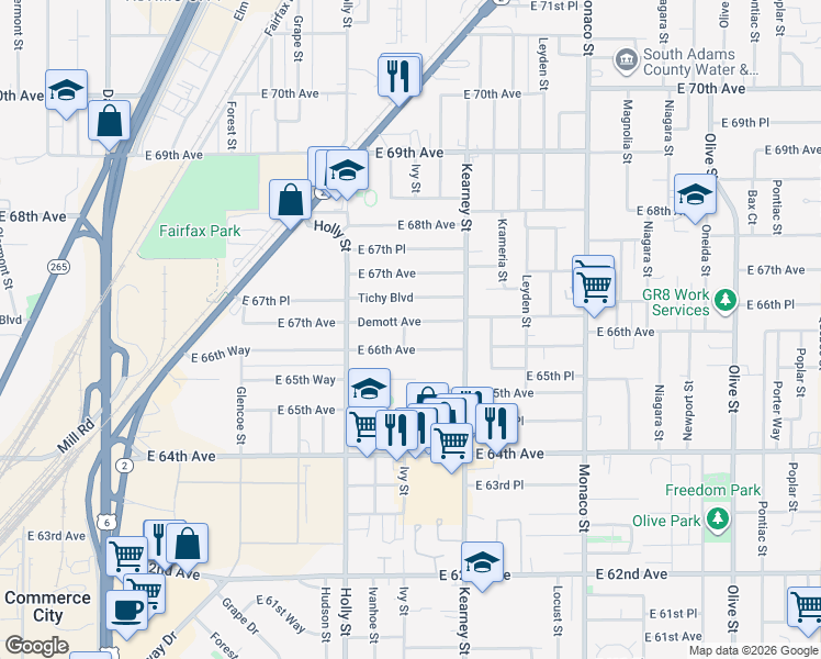 map of restaurants, bars, coffee shops, grocery stores, and more near 5860 East 66th Avenue in Commerce City