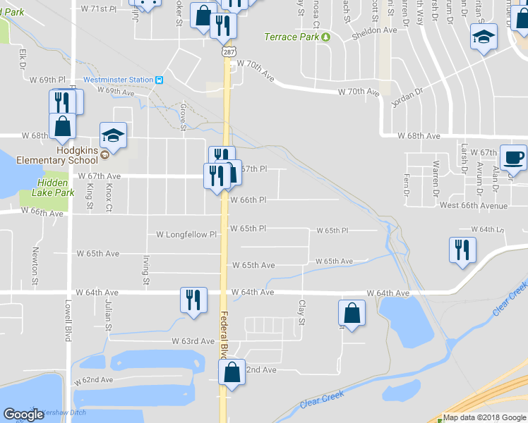 map of restaurants, bars, coffee shops, grocery stores, and more near 2831 West 65th Place in Denver