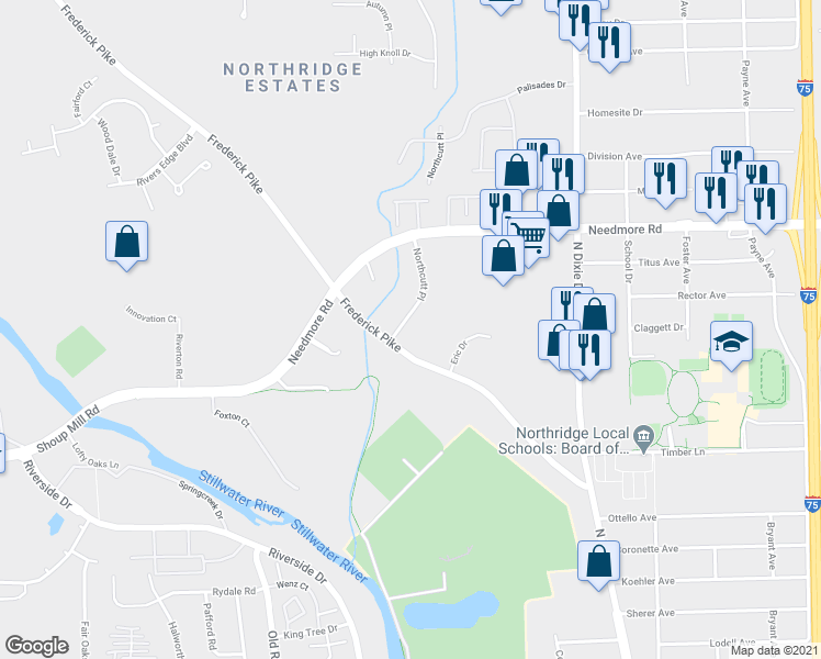map of restaurants, bars, coffee shops, grocery stores, and more near 4900 Northcutt Place in Dayton