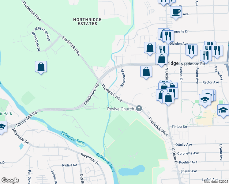 map of restaurants, bars, coffee shops, grocery stores, and more near 4900 Northcutt Place in Dayton