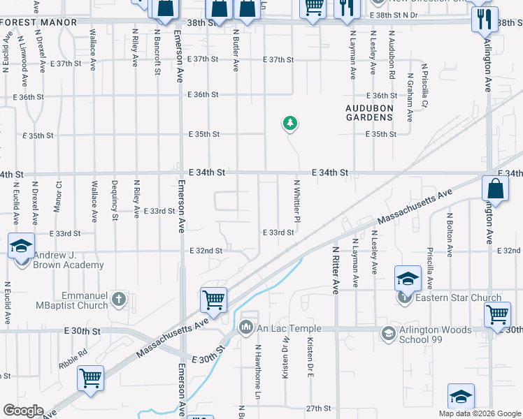 map of restaurants, bars, coffee shops, grocery stores, and more near 3309 North Hawthorne Lane in Indianapolis