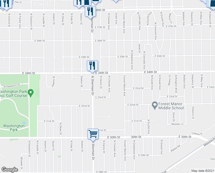map of restaurants, bars, coffee shops, grocery stores, and more near 3323 North Chester Avenue in Indianapolis
