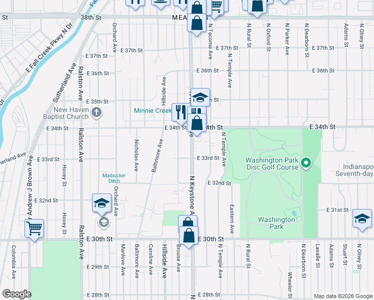 map of restaurants, bars, coffee shops, grocery stores, and more near 3253 Brouse Avenue in Indianapolis