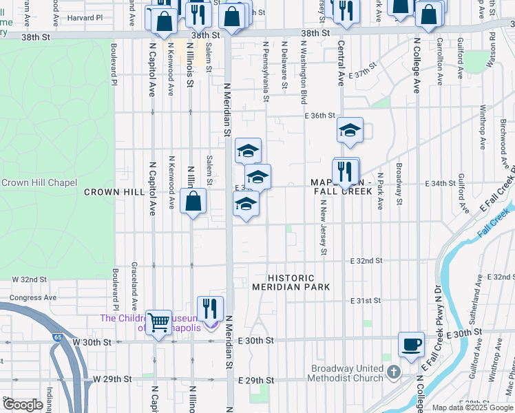 map of restaurants, bars, coffee shops, grocery stores, and more near 39633 East 33rd Street in Indianapolis