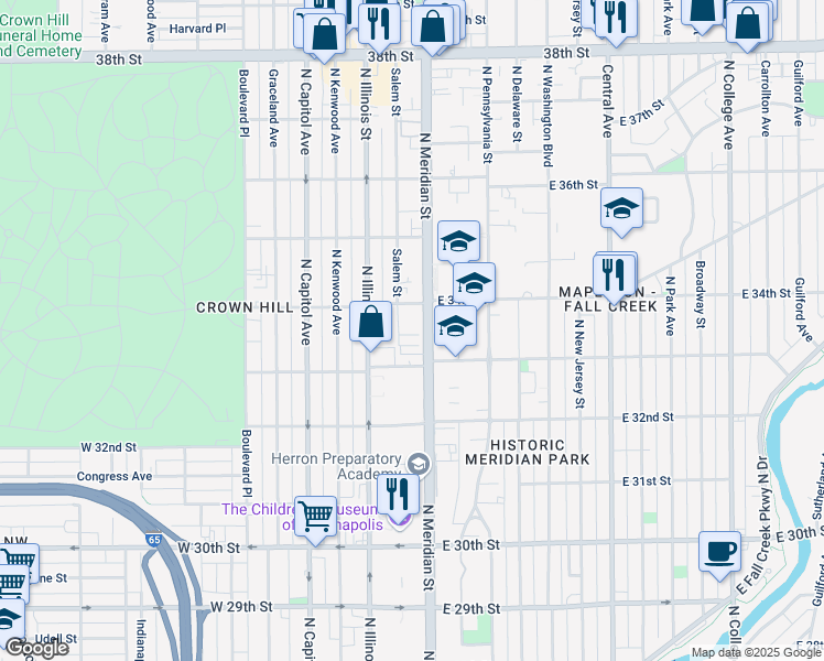 map of restaurants, bars, coffee shops, grocery stores, and more near 3310 North Meridian Street in Indianapolis