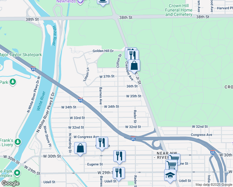 map of restaurants, bars, coffee shops, grocery stores, and more near 1109 West 35th Street in Indianapolis