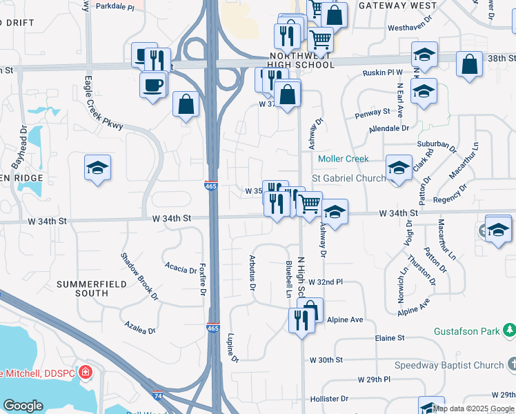 map of restaurants, bars, coffee shops, grocery stores, and more near 6418 Lupine Terrace in Indianapolis