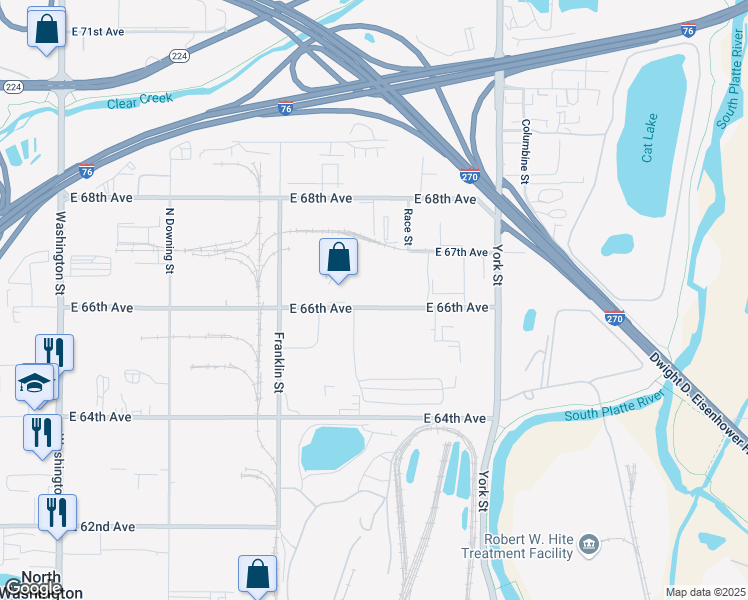 map of restaurants, bars, coffee shops, grocery stores, and more near 1921 East 66th Avenue in Denver