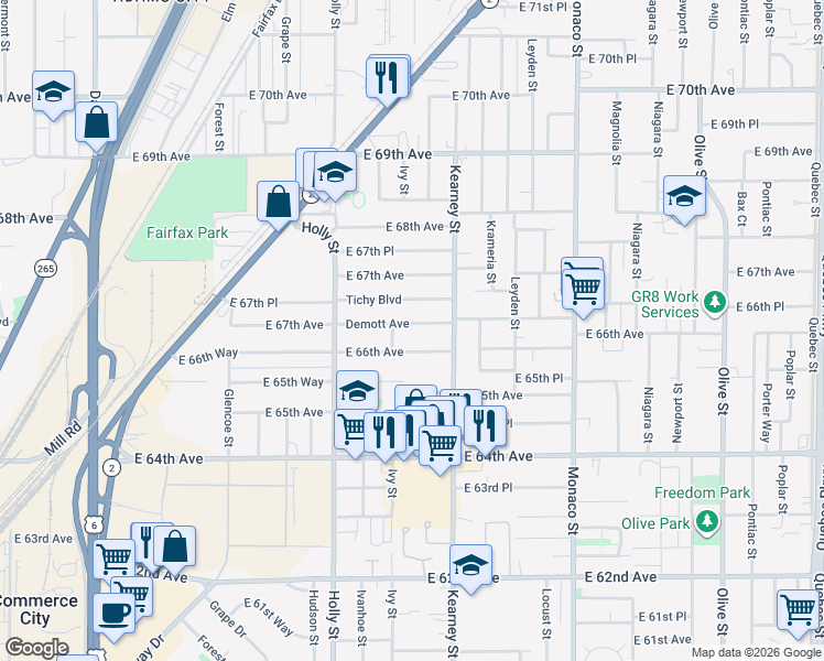 map of restaurants, bars, coffee shops, grocery stores, and more near 5860 East 66th Avenue in Commerce City