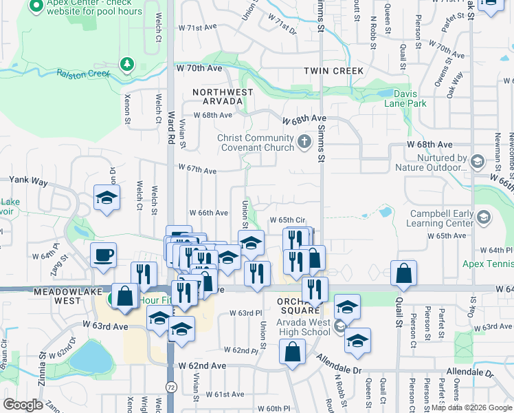 map of restaurants, bars, coffee shops, grocery stores, and more near 11887 West 65th Circle in Arvada