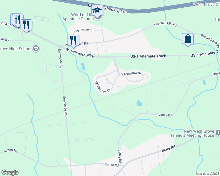 map of restaurants, bars, coffee shops, grocery stores, and more near 768 West Glenview Drive in West Grove