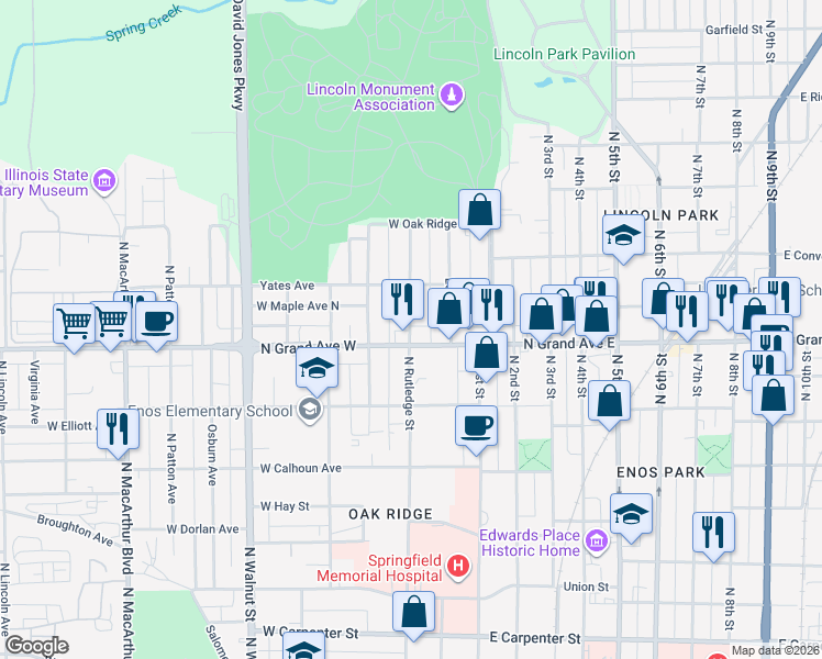 map of restaurants, bars, coffee shops, grocery stores, and more near 314 North Grand Avenue West in Springfield