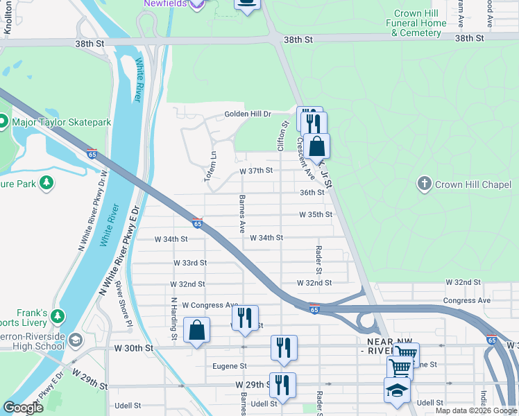 map of restaurants, bars, coffee shops, grocery stores, and more near 1136 West 35th Street in Indianapolis
