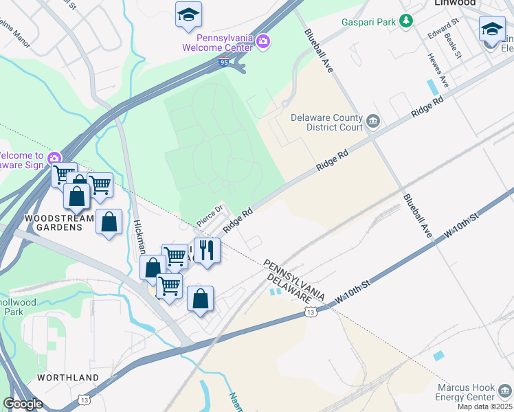 map of restaurants, bars, coffee shops, grocery stores, and more near 1098 Ridge Road in Marcus Hook