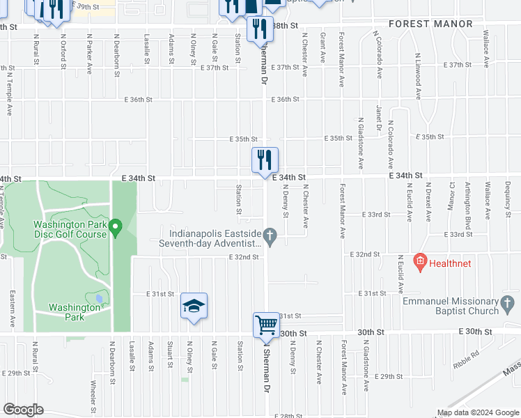 map of restaurants, bars, coffee shops, grocery stores, and more near 3320 North Sherman Drive in Indianapolis