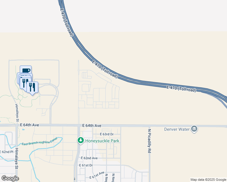 map of restaurants, bars, coffee shops, grocery stores, and more near E-470 Toll in Aurora