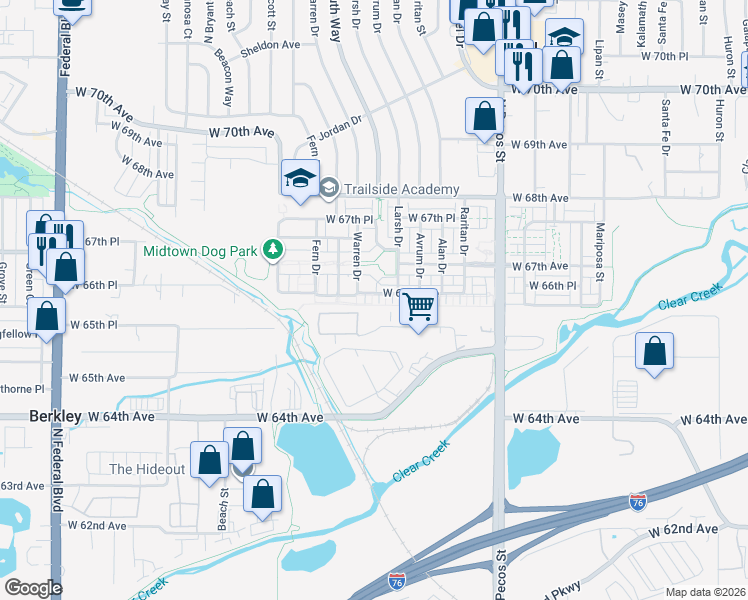 map of restaurants, bars, coffee shops, grocery stores, and more near 2310 West 66th Avenue in Denver