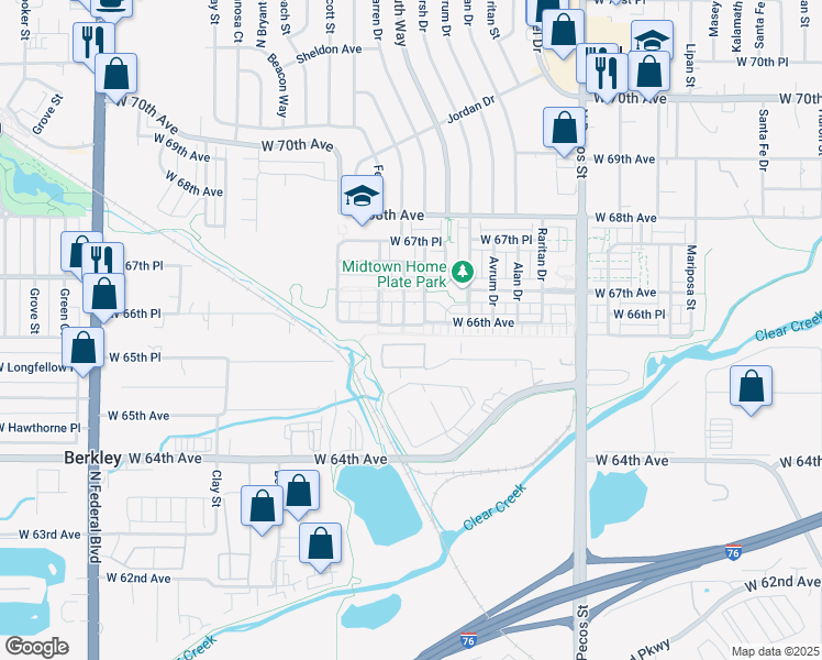 map of restaurants, bars, coffee shops, grocery stores, and more near 2001 West 64th Lane in Denver