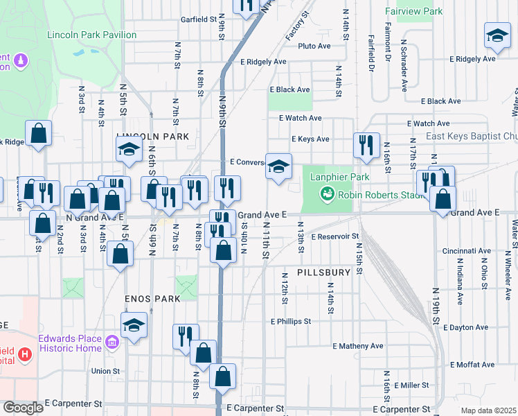 map of restaurants, bars, coffee shops, grocery stores, and more near 1021 North Grand Avenue East in Springfield