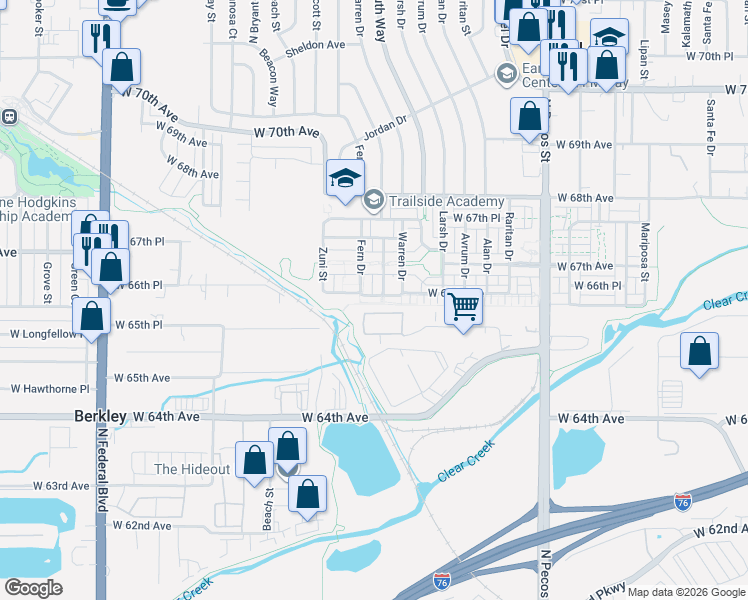 map of restaurants, bars, coffee shops, grocery stores, and more near 2001 West 64th Lane in Denver