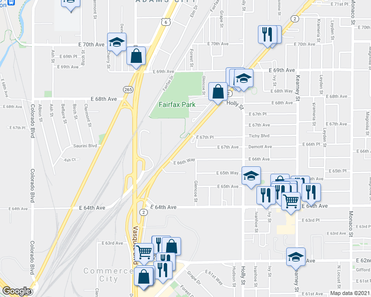 map of restaurants, bars, coffee shops, grocery stores, and more near 5263 East 66th Way in Commerce City