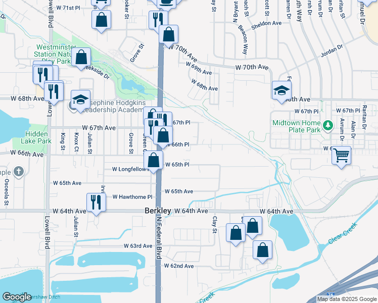 map of restaurants, bars, coffee shops, grocery stores, and more near 2831 West 65th Place in Denver