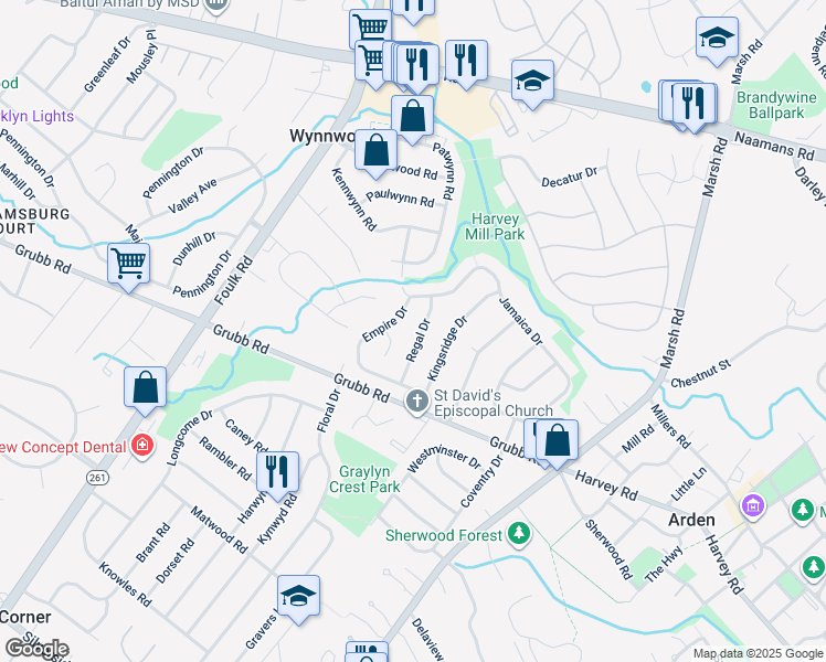 map of restaurants, bars, coffee shops, grocery stores, and more near 2207 Regal Drive in Wilmington