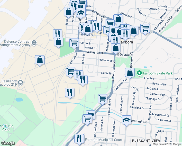 map of restaurants, bars, coffee shops, grocery stores, and more near 345 Arms Drive in Fairborn