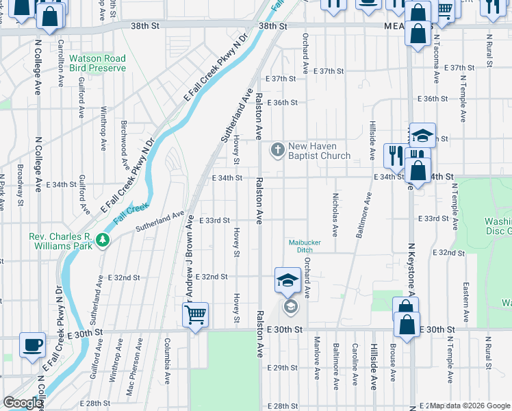 map of restaurants, bars, coffee shops, grocery stores, and more near 3294 Ralston Avenue in Indianapolis