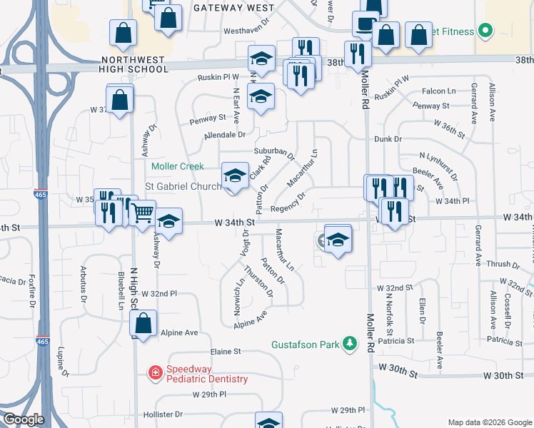 map of restaurants, bars, coffee shops, grocery stores, and more near 5762 West 33rd Place in Indianapolis