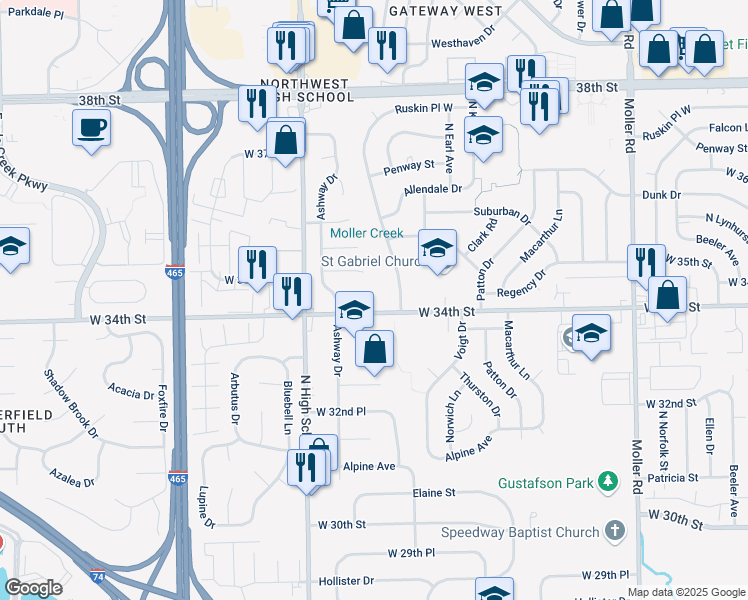 map of restaurants, bars, coffee shops, grocery stores, and more near 6107 Regina Circle in Indianapolis