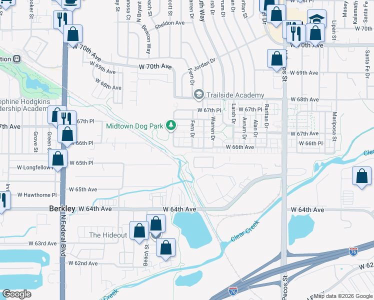 map of restaurants, bars, coffee shops, grocery stores, and more near 2310 West 66th Avenue in Denver